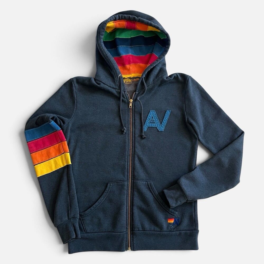 Aviator Nation Signature Rainbow Navy Blue Hoodie Women’s XS Zip Up Striped